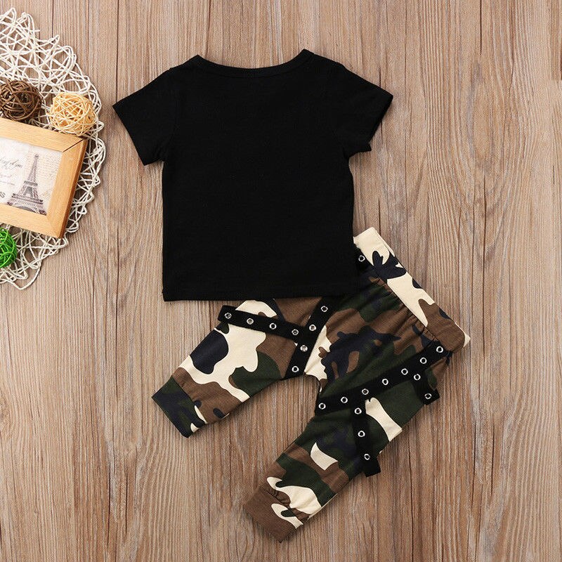 2pcs Kids Toddler Baby Boys Clothes Set KING Print Tops T shirt+Camo Pants 0-5Years