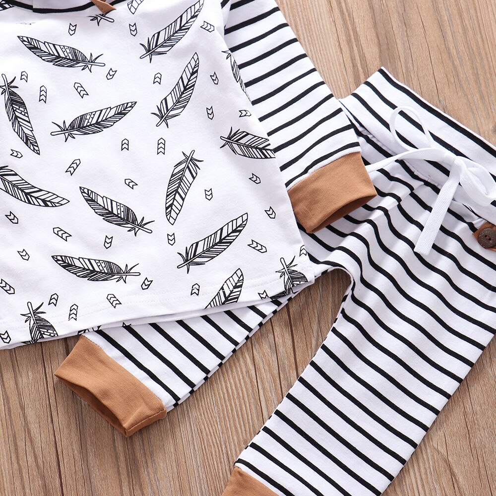 Feather Hooded Striped Pants Outfits Set