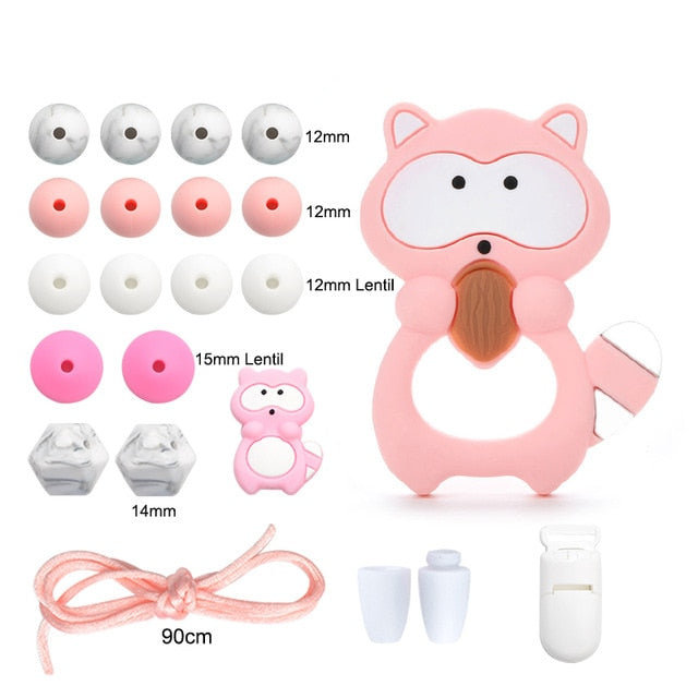 LOFCA Silicone Teether Wood Beads Set BPA Free DIY Baby Teething Necklace Toy Cartoon Koala Raccoon Pacifier chain Clip