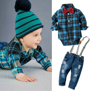 Baby Boy Clothes Plaid Rompers with Denim Suspenders Outfit 6 - 24M