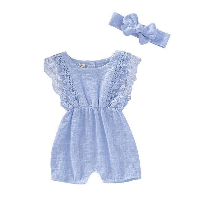 Baby Girl Rompers - Sleeve Solid Lace One-Pieces Design & Headband