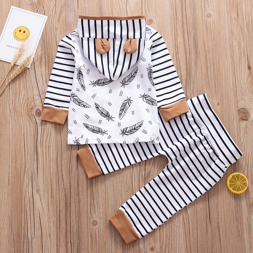 Feather Hooded Striped Pants Outfits Set