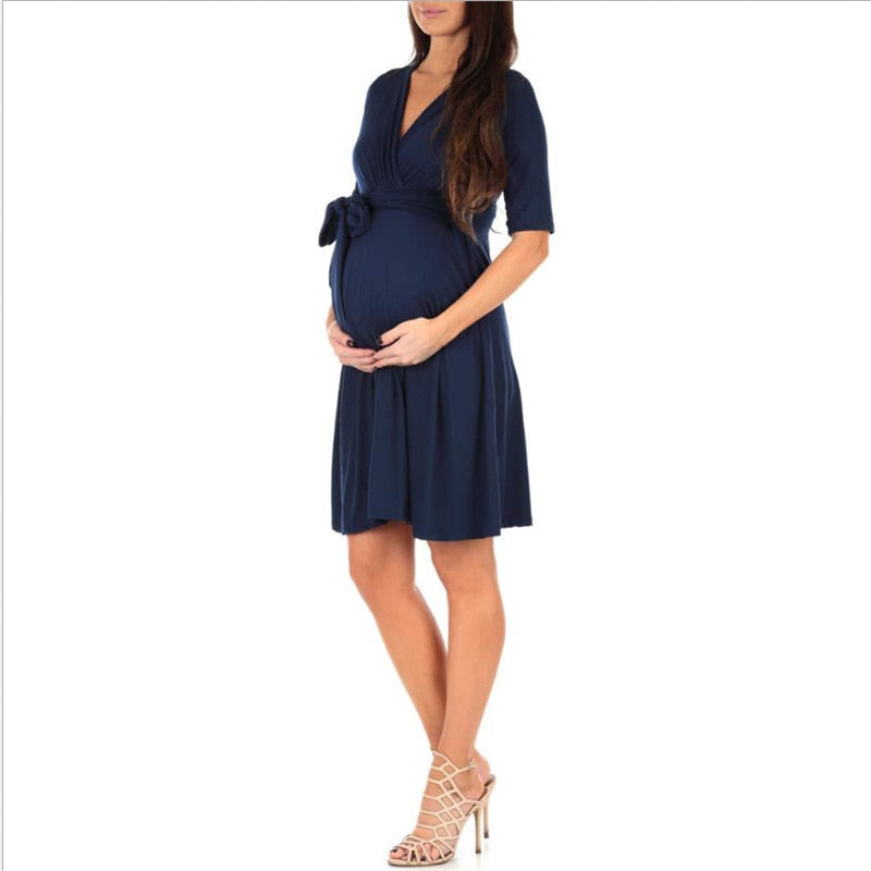 Women's Faux Wrap Maternity Dress with Adjustable Belt