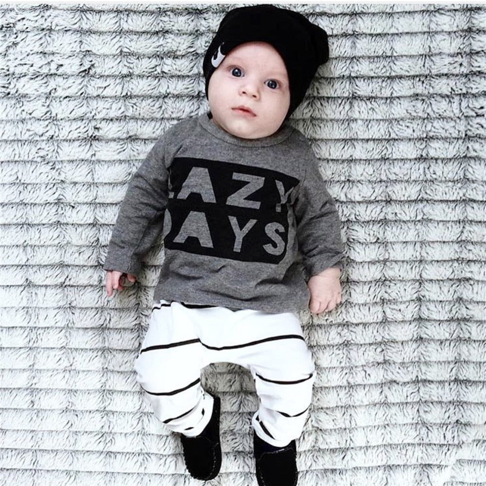 Baby Boy Fashion Cotton Long-sleeved Letter T-shirt + Pants "Lazy Day" Clothing Set