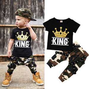 2pcs Kids Toddler Baby Boys Clothes Set KING Print Tops T shirt+Camo Pants 0-5Years