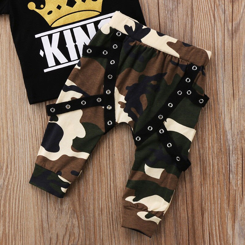 2pcs Kids Toddler Baby Boys Clothes Set KING Print Tops T shirt+Camo Pants 0-5Years