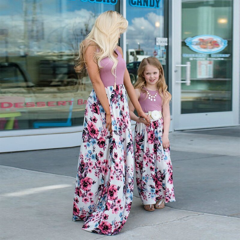 Mommy and me Matching Outfit - Purple Floral Long Dress