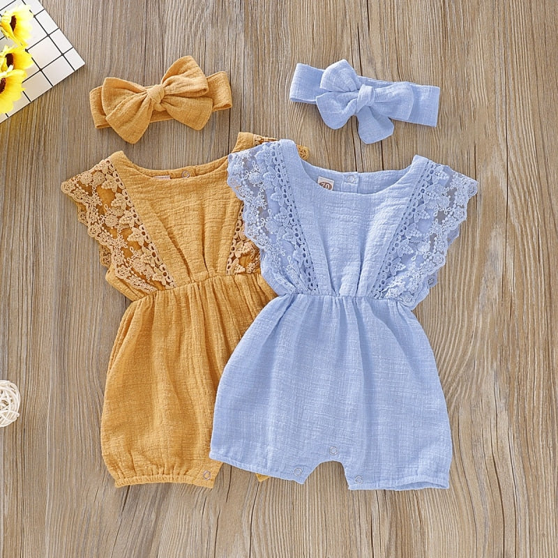 Baby Girl Rompers - Sleeve Solid Lace One-Pieces Design & Headband