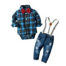 Baby Boy Clothes Plaid Rompers with Denim Suspenders Outfit 6 - 24M