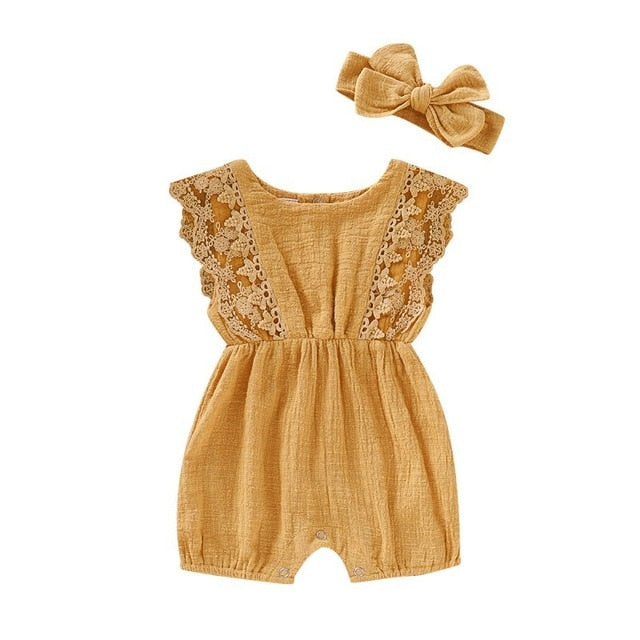 Baby Girl Rompers - Sleeve Solid Lace One-Pieces Design & Headband