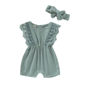 Baby Girl Rompers - Sleeve Solid Lace One-Pieces Design & Headband