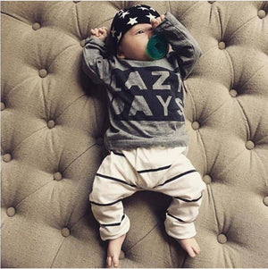 Baby Boy Fashion Cotton Long-sleeved Letter T-shirt + Pants "Lazy Day" Clothing Set