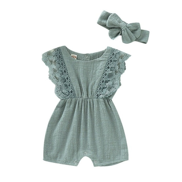 Baby Girl Rompers - Sleeve Solid Lace One-Pieces Design & Headband