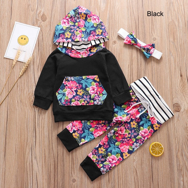 3Pcs Baby Girl Clothes Floral Fashion Hoodie Clothing Set