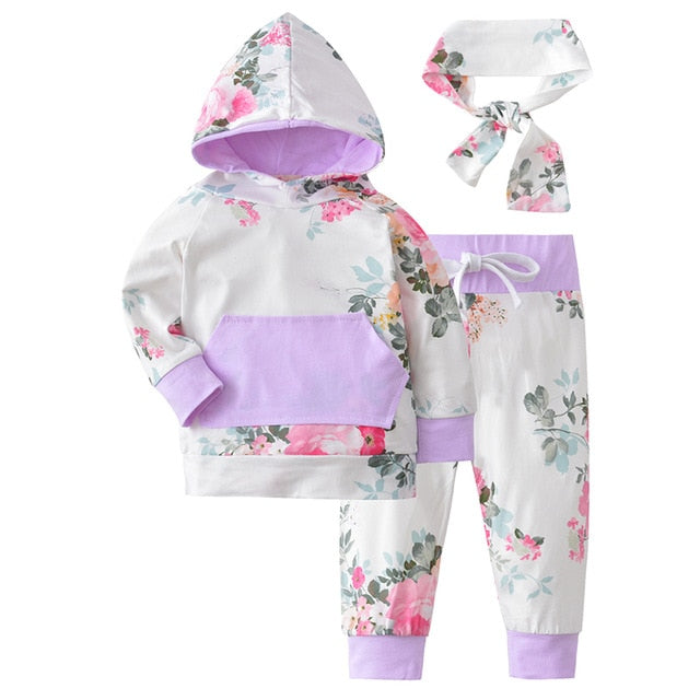 3Pcs Baby Girl Clothes Floral Fashion Hoodie Clothing Set