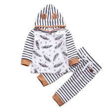 Feather Hooded Striped Pants Outfits Set