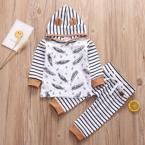 Feather Hooded Striped Pants Outfits Set