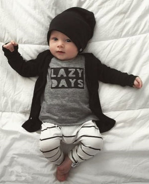 Baby Boy Fashion Cotton Long-sleeved Letter T-shirt + Pants "Lazy Day" Clothing Set