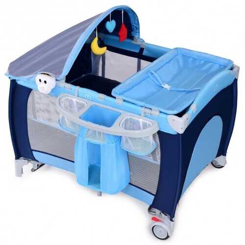 Foldable Baby Crib Playpen w/ Mosquito Net and Bag-Blue - Color: Blue