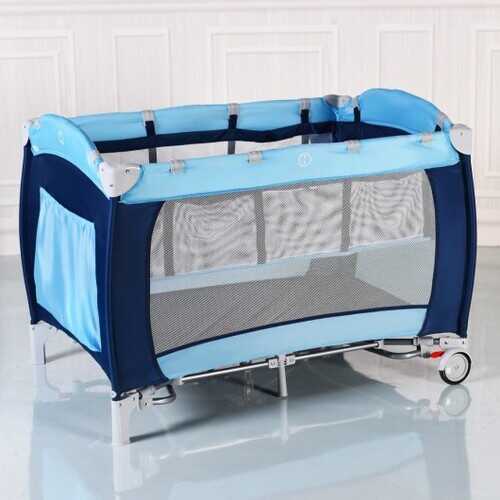 Foldable Baby Crib Playpen w/ Mosquito Net and Bag-Blue - Color: Blue