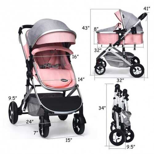 Pink 2 in 1 High Landscape Convertible Reversible Bassinet Pram