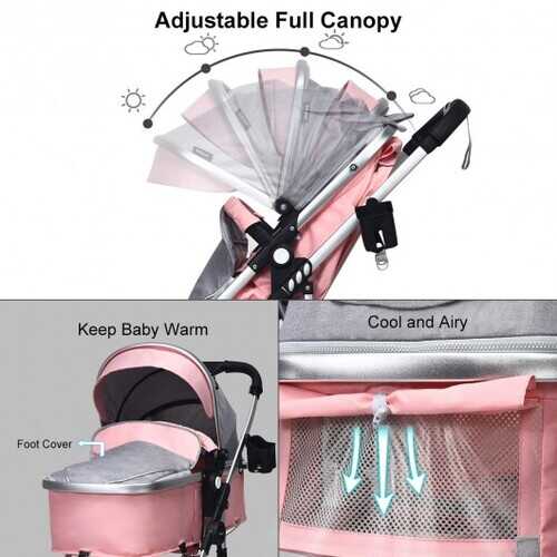 Pink 2 in 1 High Landscape Convertible Reversible Bassinet Pram