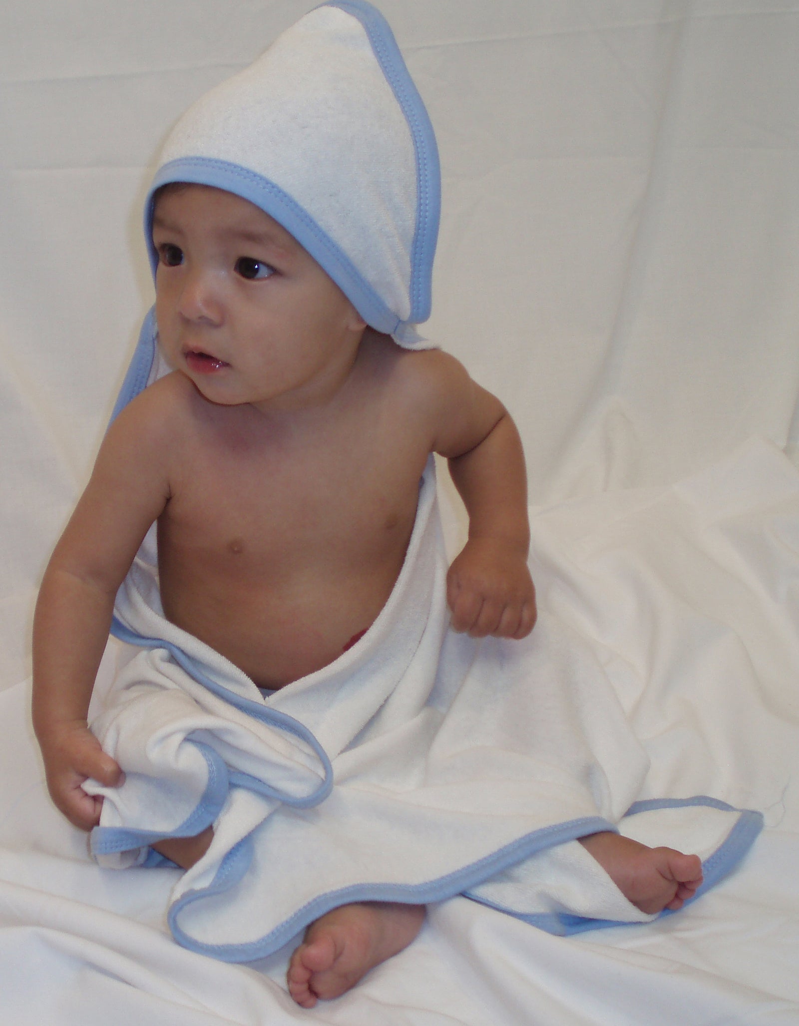 Hooded Towel With Blue Binding And Screen Prints