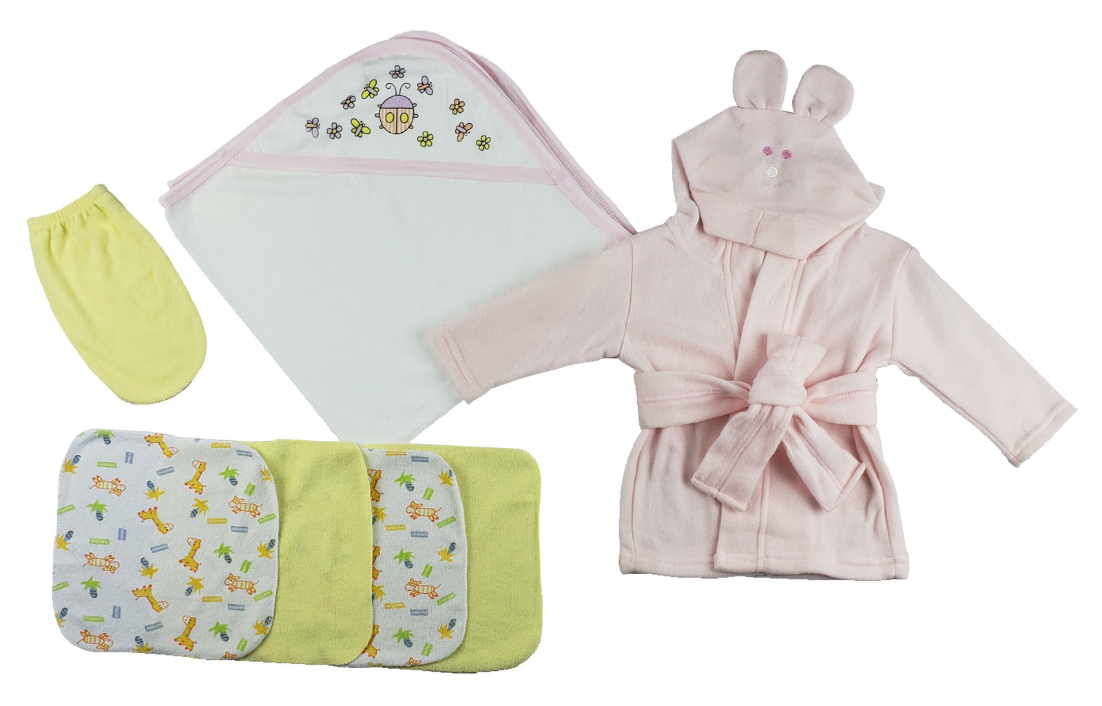 Pink Infant Robe, Hooded Towel, Washcloths And Hand Washcloth Mitt - 7 Pc Set