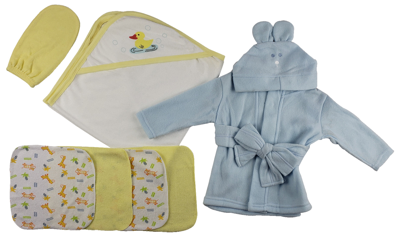 Blue Infant Robe, Yellow Hooded Towel, Washcloths And Hand Washcloth Mitt - 7 Pc Set