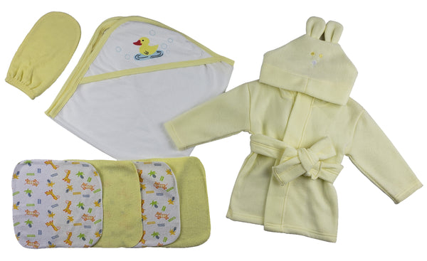 Yellow Infant Robe, Yellow Hooded Towel, Washcloths And Hand Washcloth Mitt - 7 Pc Set