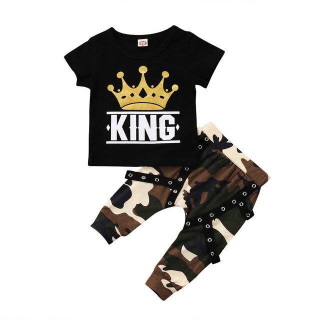 2pcs Kids Toddler Baby Boys Clothes Set KING Print Tops T shirt+Camo Pants 0-5Years