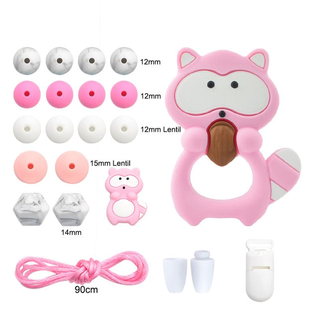 LOFCA Silicone Teether Wood Beads Set BPA Free DIY Baby Teething Necklace Toy Cartoon Koala Raccoon Pacifier chain Clip