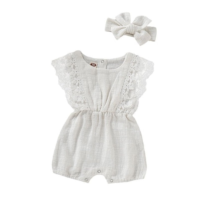 Baby Girl Rompers - Sleeve Solid Lace One-Pieces Design & Headband