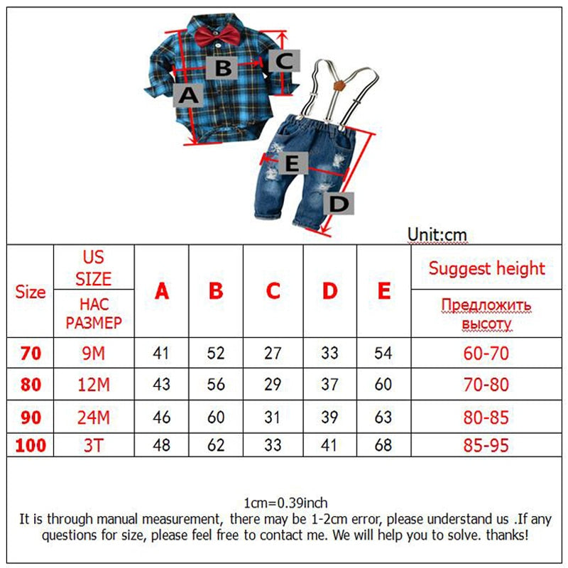 Baby Boy Clothes Plaid Rompers with Denim Suspenders Outfit 6 - 24M