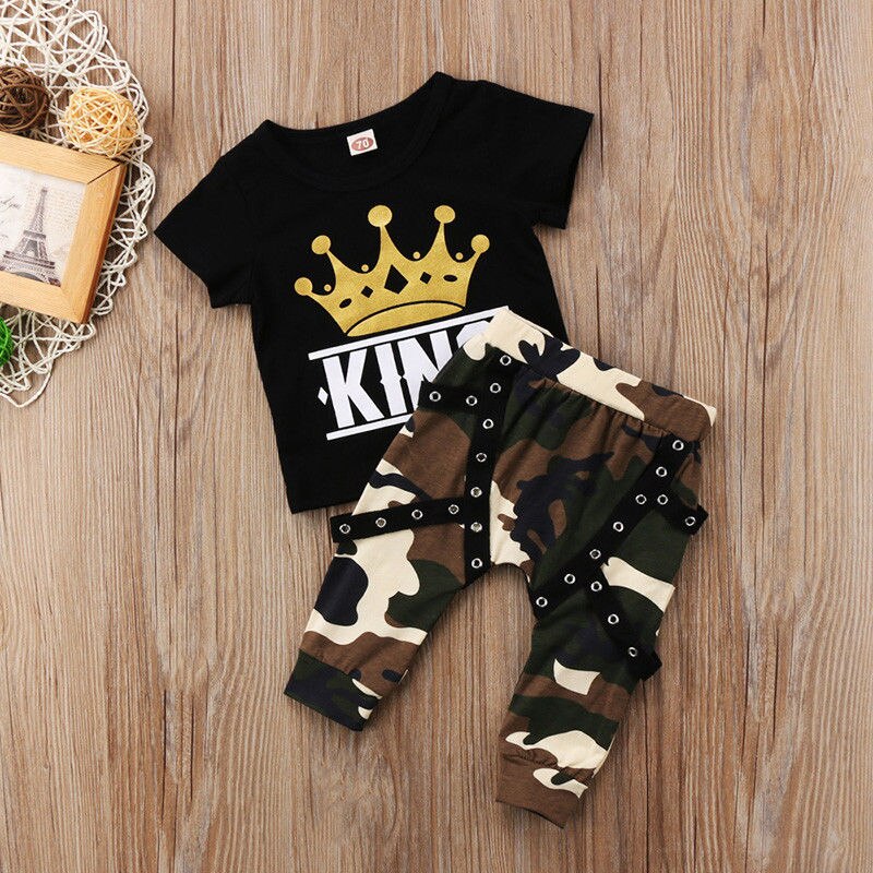 2pcs Kids Toddler Baby Boys Clothes Set KING Print Tops T shirt+Camo Pants 0-5Years