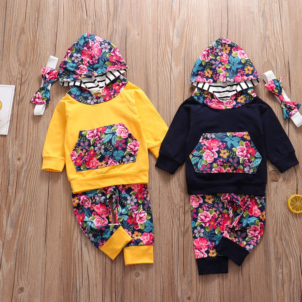 3Pcs Baby Girl Clothes Floral Fashion Hoodie Clothing Set