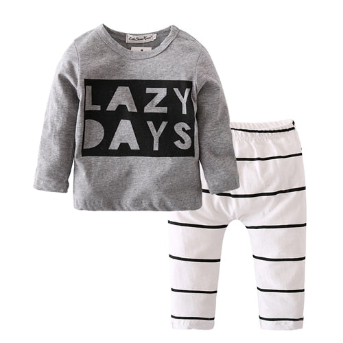 Baby Boy Fashion Cotton Long-sleeved Letter T-shirt + Pants "Lazy Day" Clothing Set