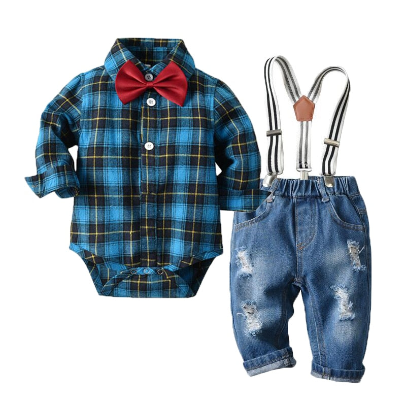 Baby Boy Clothes Plaid Rompers with Denim Suspenders Outfit 6 - 24M