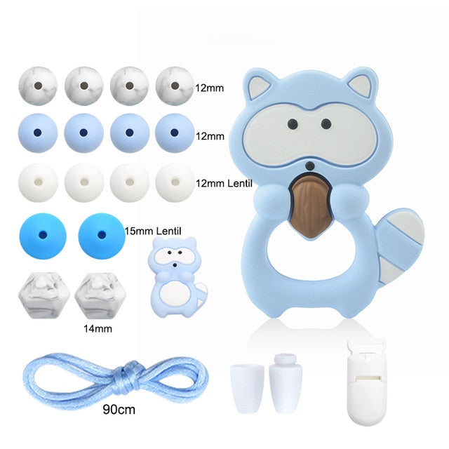 LOFCA Silicone Teether Wood Beads Set BPA Free DIY Baby Teething Necklace Toy Cartoon Koala Raccoon Pacifier chain Clip