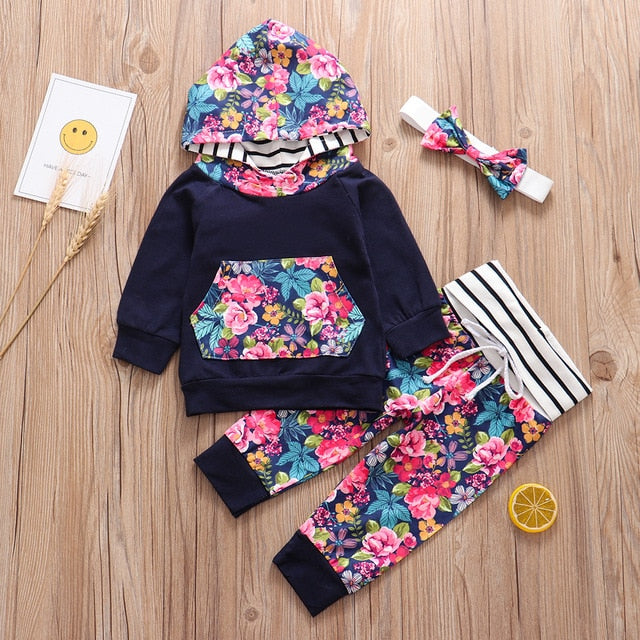 3Pcs Baby Girl Clothes Floral Fashion Hoodie Clothing Set