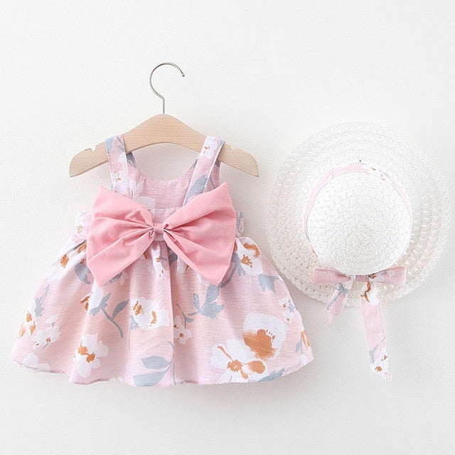 Adorable Baby Girl Bowknot Decor Dresses with Matching Hat Set