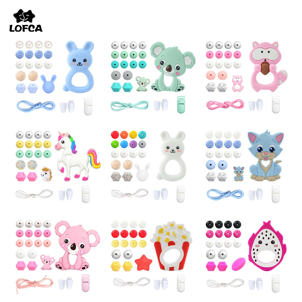 LOFCA Silicone Teether Wood Beads Set BPA Free DIY Baby Teething Necklace Toy Cartoon Koala Raccoon Pacifier chain Clip