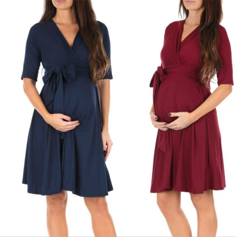 Women's Faux Wrap Maternity Dress with Adjustable Belt