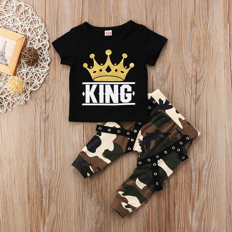 2pcs Kids Toddler Baby Boys Clothes Set KING Print Tops T shirt+Camo Pants 0-5Years