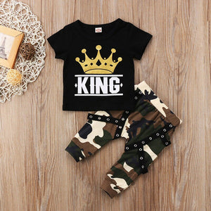 2pcs Kids Toddler Baby Boys Clothes Set KING Print Tops T shirt+Camo Pants 0-5Years