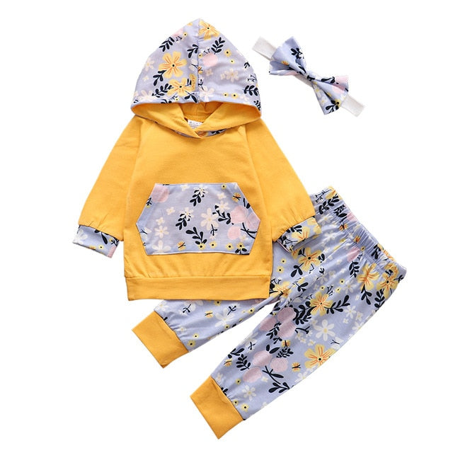 3Pcs Baby Girl Clothes Floral Fashion Hoodie Clothing Set